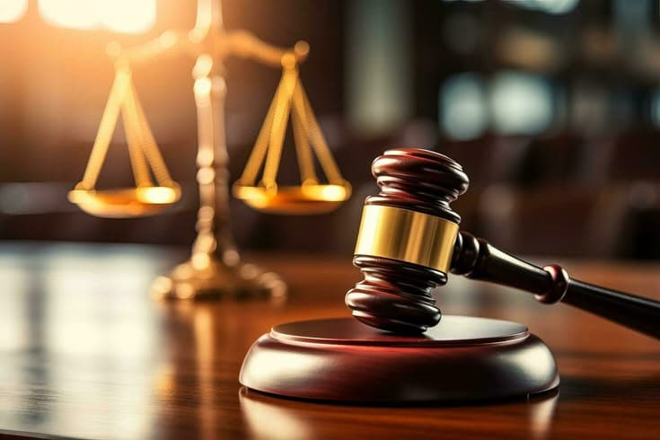 A judge's gavel resting on its block beside the scales of justice